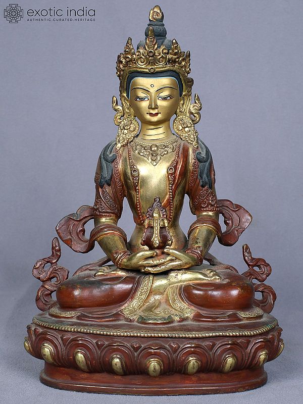 8" Aparmita Buddha Idol from Nepal | Copper Statue Gilded with Gold