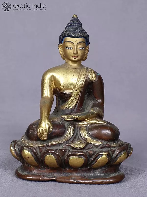 4" Small Bhumisparsha Buddha Idol from Nepal | Copper Statue Gilded with Gold