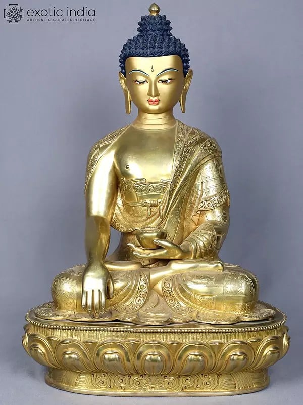 18" Shakyamuni Buddha in Bhumi-Sparsha Gesture | Nepalese Copper Statue Gilded with Gold