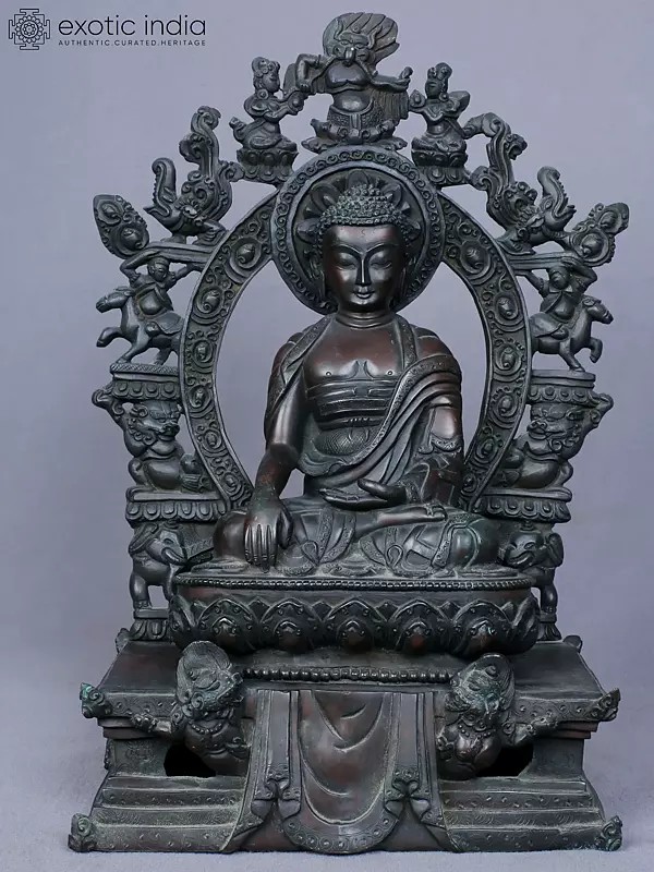 10" Shakyamuni Buddha Idol Seated on Throne | Copper Statue from Nepal
