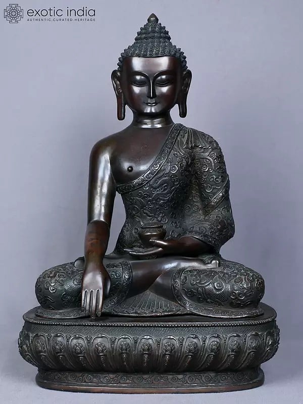 16" Gautam Buddha in Earth-Touching Gesture Copper Statue from Nepal