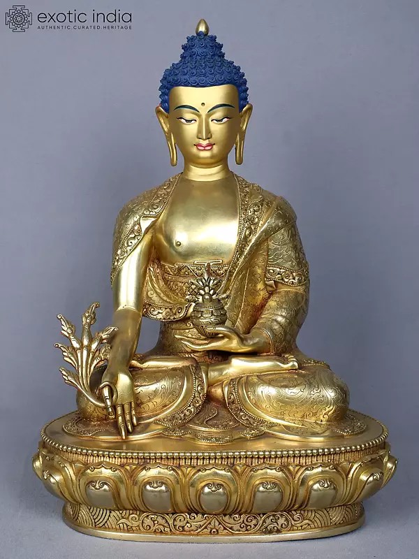 14" Medicine Buddha Copper Statue Gilded with Gold from Nepal