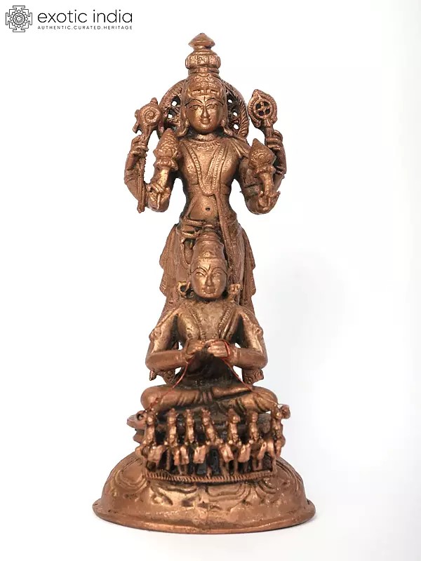 7" Lord Surya Narayana Copper Statue Standing on His Seven Horses Chariot