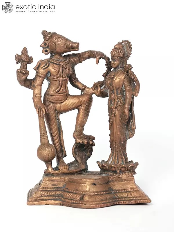 4" Small Standing Lord Varaha and Devi Lakshmi Copper Statue