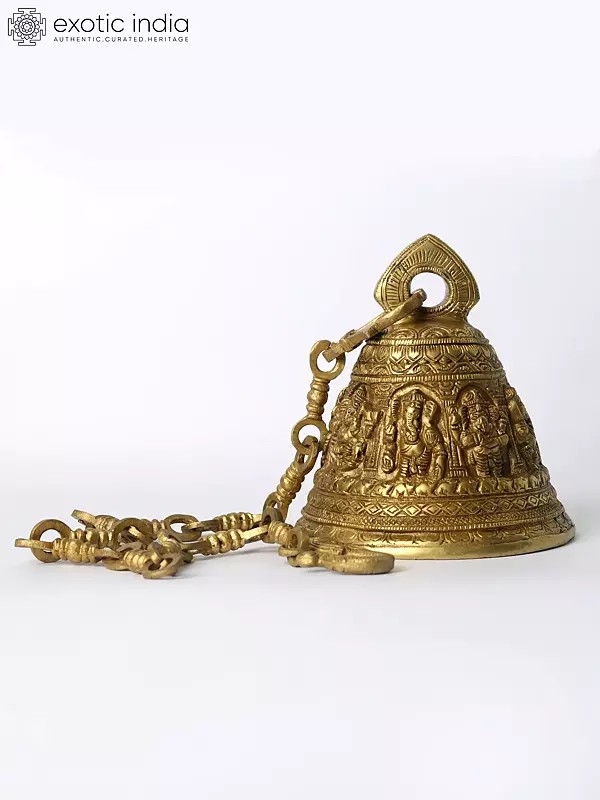 6" Brass Bell Of Lord Ganesha For Temple With Chain