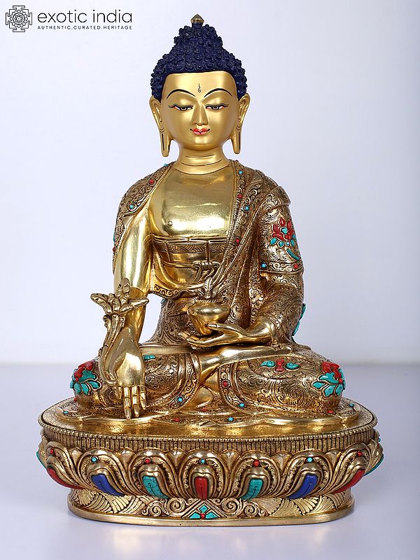 13" Medicine Buddha Idol | Copper Statue Gilded with Gold from Nepal