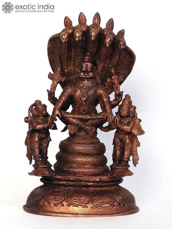 7" Yoga Narasimha Copper Idol Sits on Sheshnag with Garuda and Hanuman Statue