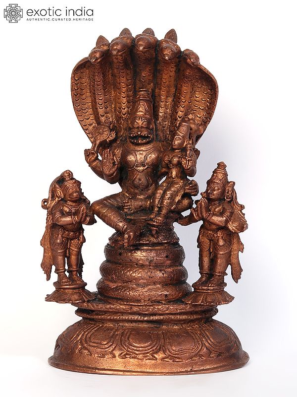 7" Lord Narasimha Lakshmi Copper Idol on Sheshnag with Garuda and Hanuman