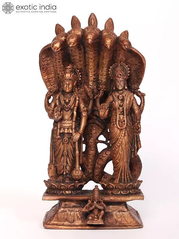 6" Small Standing Vishnu Lakshmi Copper Idol Protected by Sheshnag