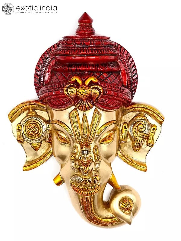 12" Brass Lord Ganesha Wall Hanging Mask with Goddess Lakshmi