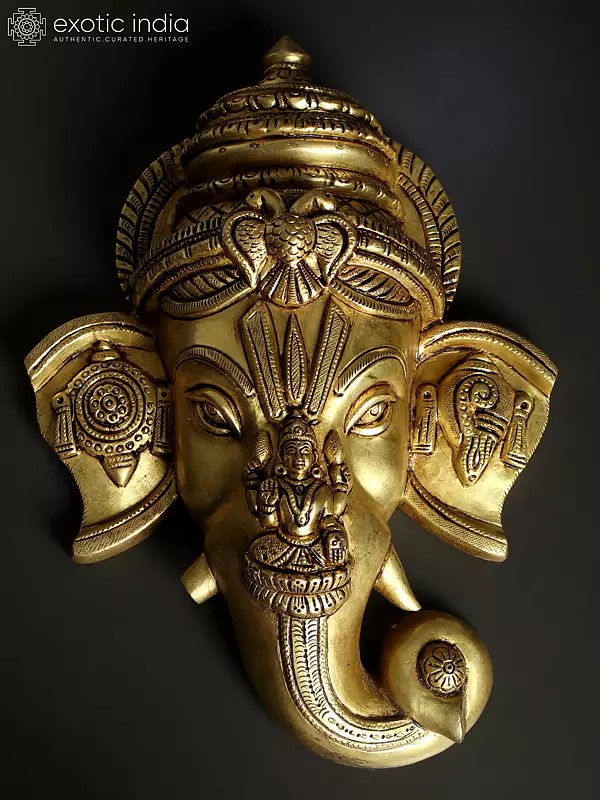 12" Brass Lord Ganesha Wall Hanging Mask with Goddess Lakshmi