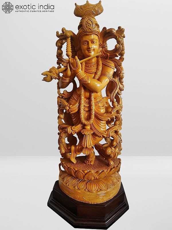 30" White Wood Manmohan Krishna Statue with Base