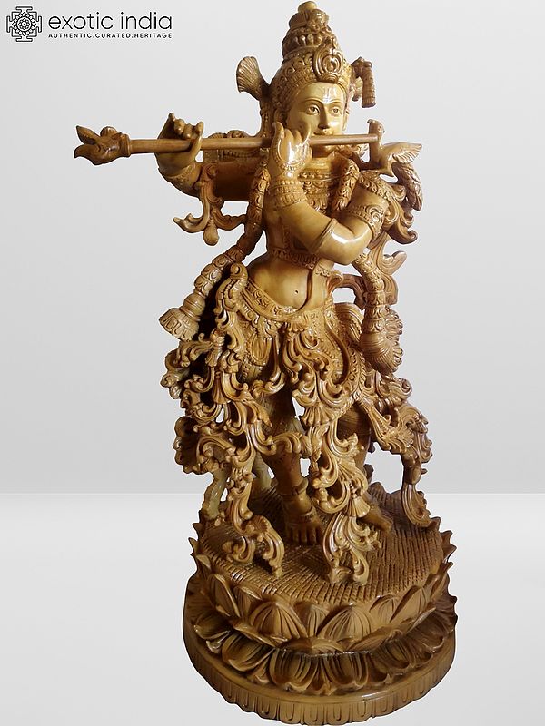 39" White Wood Beautiful Krishna Idol on Lotus Pedestal