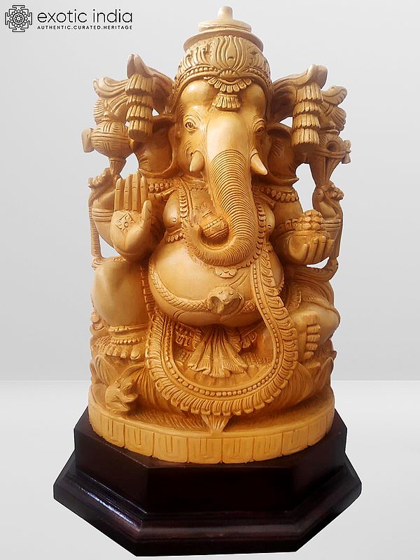 17" Attractive White Wood Idol of Lord Ganesha in Varada Posture