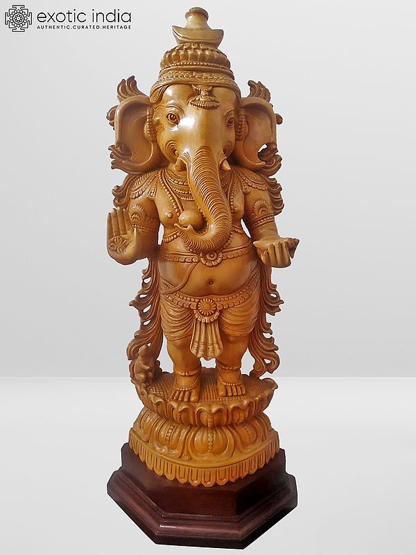 22" White Wood Figurine Standing Ganesha on Lotus