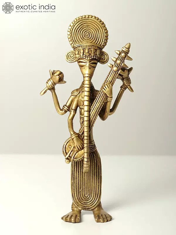 8" Standing Tribal Lord Ganesha Idol Playing Veena | Brass Statue