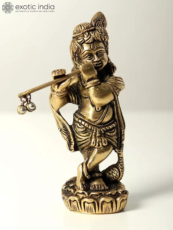 5" Small Standing Bal Krishna Idol Playing Flute | Brass Statue