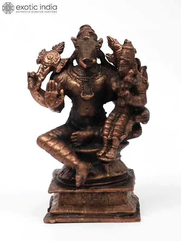 3" Small Sitting Lord Varaha with Goddess Lakshmi | Copper Statue