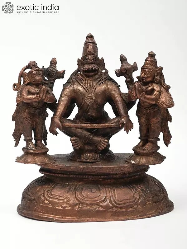 5" Small Lord Narasimha with Garuda and Hanuman | Copper Statue