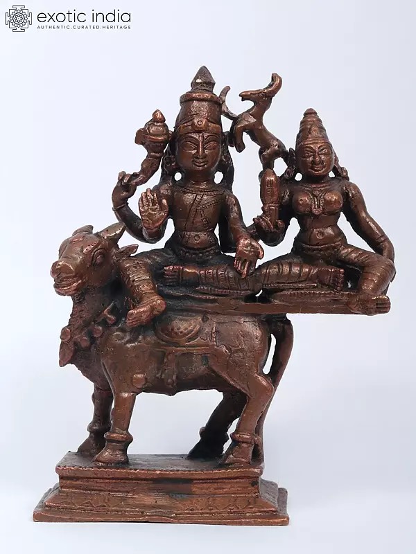 4" Small Pradosha Moorthy Copper Statue | Shiva-Parvati Idol on Nandi