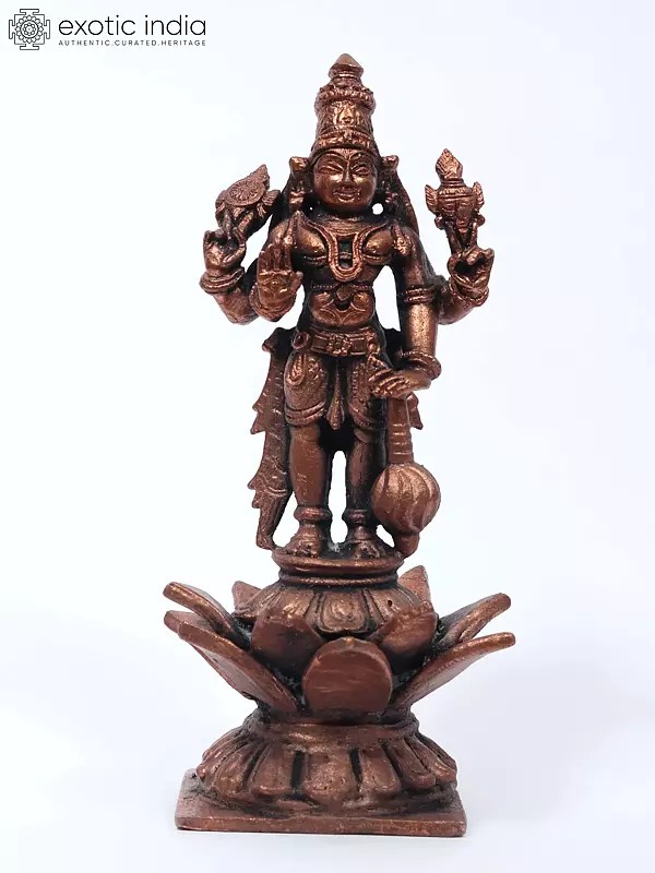 5" Small Four-Armed Lord Vishnu Idol Standing on Lotus | Copper Statue