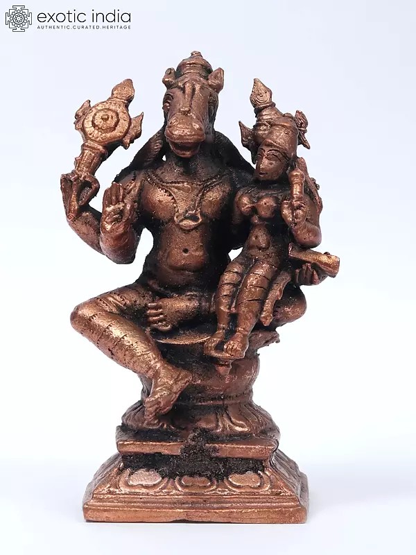 4" Small Lord Hayagreeva Idol with Devi Lakshmi | Copper Statue