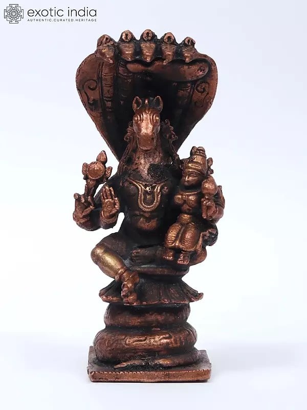 4" Lord Hayagreeva Idol with Devi Lakshmi Seated on Sheshnag | Copper Statue
