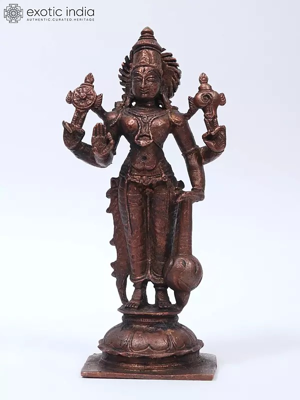 5" Small Standing Lord Vishnu Idol in Blessing Gesture | Copper Statue