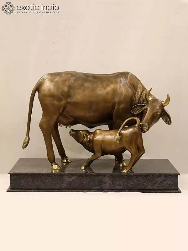 58" Large Size Textured Brass Cow and Calf Idol on Granite Base