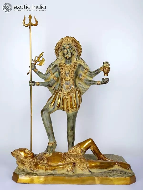 31" Large Goddess Kali Idol Standing on Lord Shiva | Brass Statue