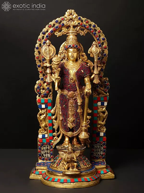 16" Standing Lord Vishnu on Kirtimukha Throne with Garuda | Brass Statue with Inlay Work