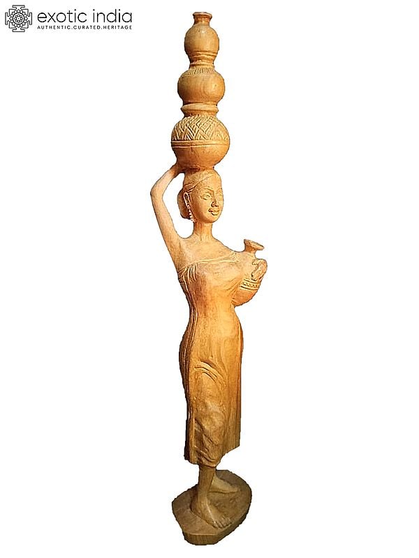 13" Woman Carrying Pots On Head | White Wood Statue