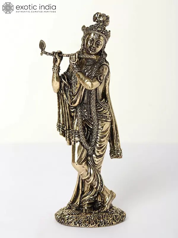 6" Superfine Standing Lord Krishna Playing Flute | Brass Statue