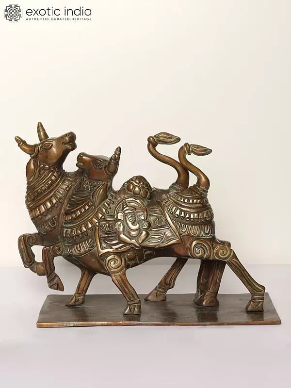 10" Nandi Double Up in Joy with Carved Ganesha on Back | Bronze Sculpture