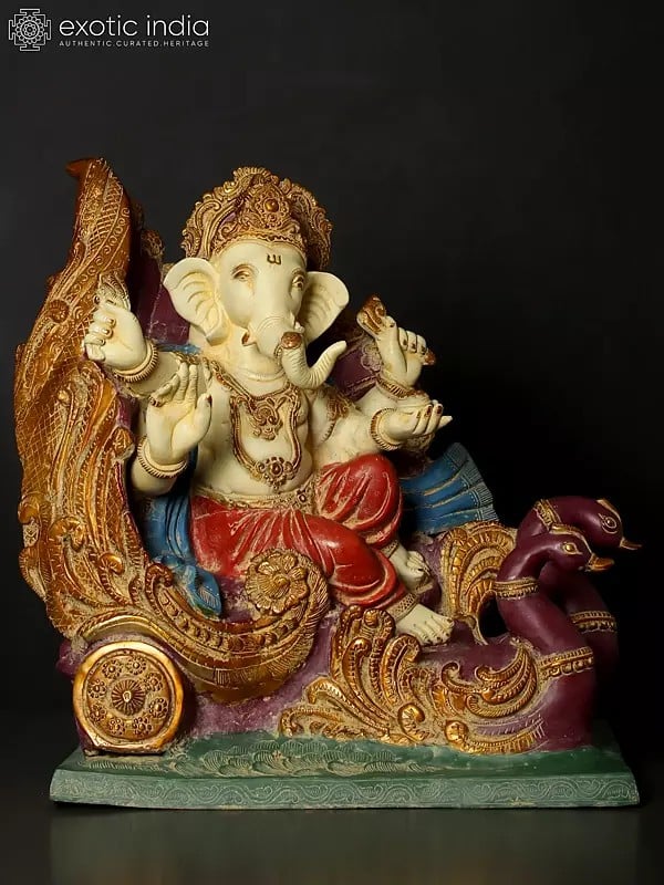 21" Colorful Blessing Lord Ganesha on Swan Chariot | Brass Statue