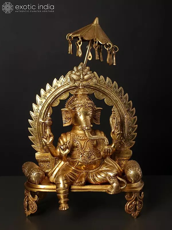 17" Bhagawan Ganapati Idol Seated on Kirtimukha Singhasan | Brass Statue