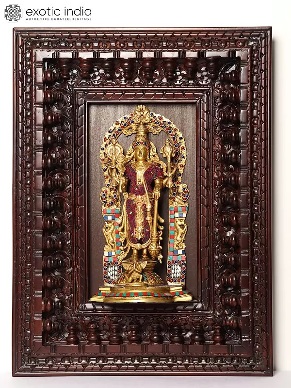 27" Wood Framed Standing Lord Vishnu with Garuda in Brass with Inlay Work | Wall Hanging