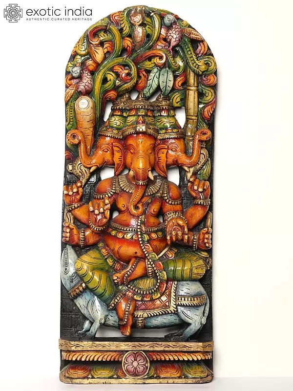 36" Large Three Headed Lord Ganesha Seated on Mushak | Wood Carved Statue