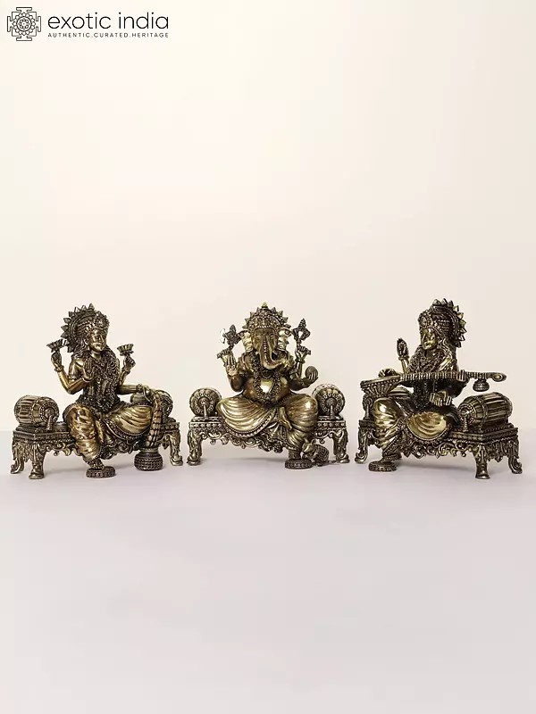 5" Superfine Lakshmi Ganesha Saraswati Idol Seated on Singhasan | Brass Statues