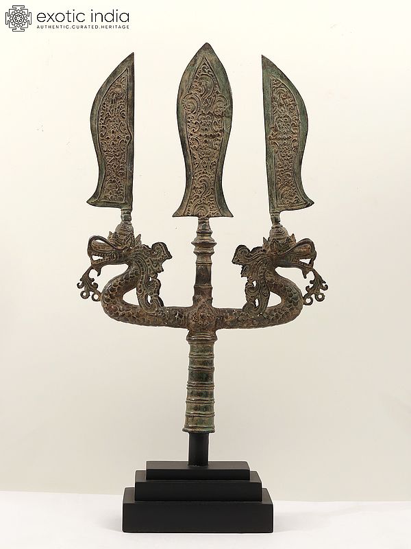 26" Brass Sculpture Trident with Three Swords and Two Dragons on Wooden Base
