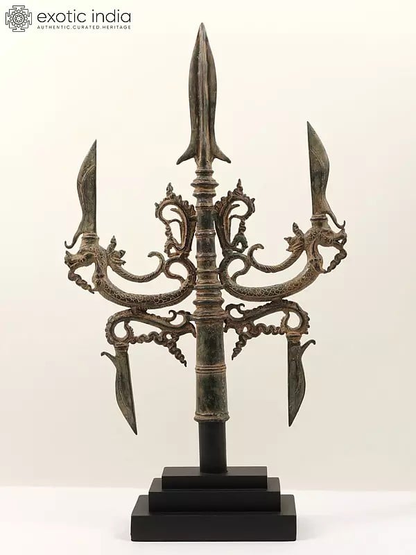 25" Brass Trident Sculpture - Weapon of Lord Shiva on Wooden Base