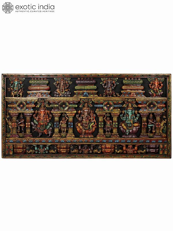 72" Large Different Forms of Lord Ganesha with Siddhi-Ganapati at Center | Wood Carved Colorful Panel