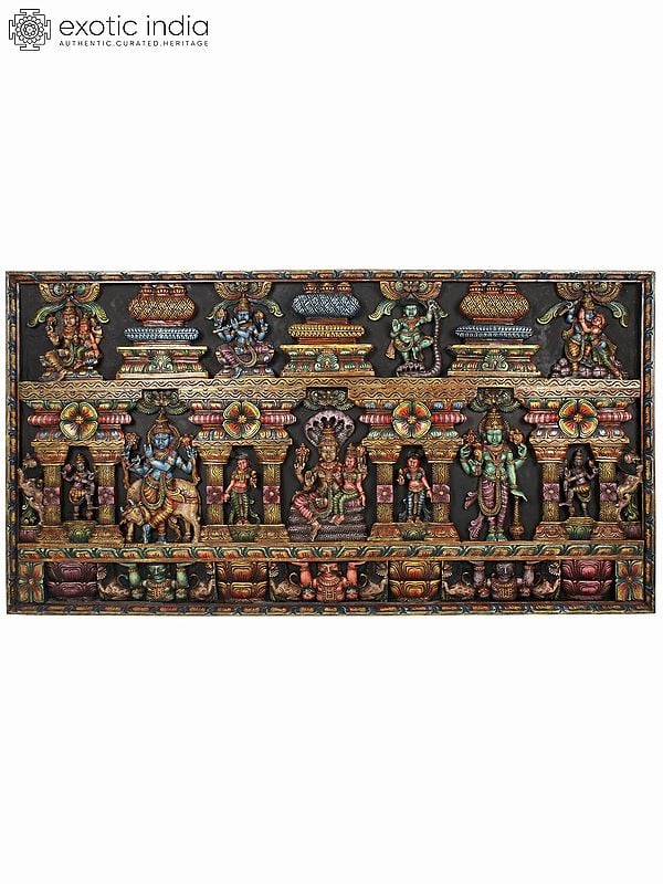 72" Large Lakshmi-Narayan with Different Forms of Lord Krishna | Wood Carved Colorful Panel
