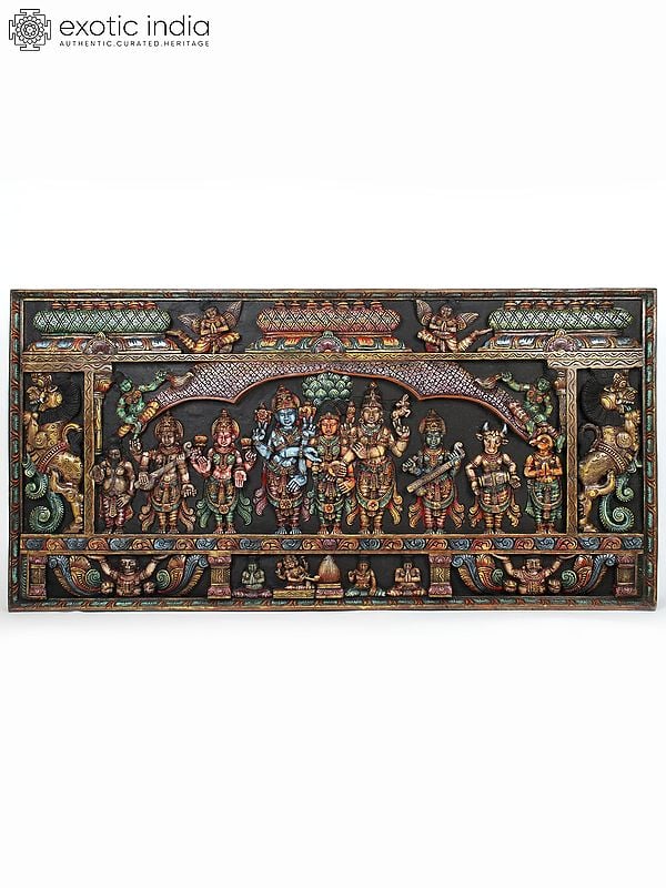 72" Meenakshi Kalyanam (Shiva-Parvati Vivah) | Wood Carved Colorful Panel