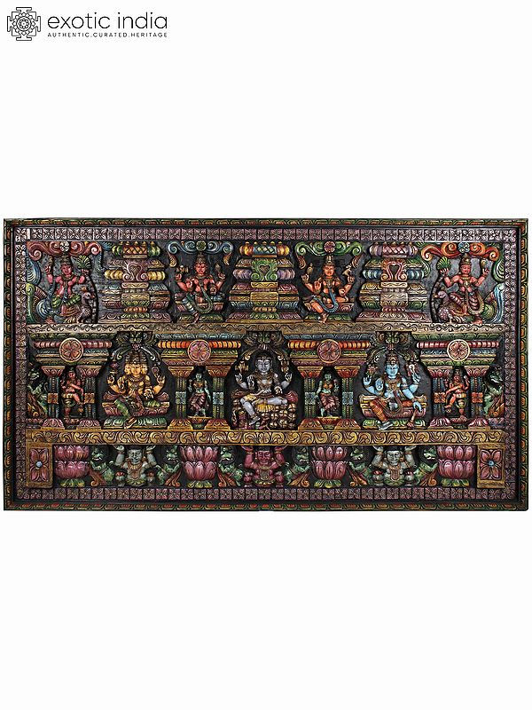 84" Super Large Trinity of Three Supreme Gods (Tridev) - Lord Brahma, Lord Vishnu and Lord Shiva/Maheshwara | Wood Carved Colorful Panel