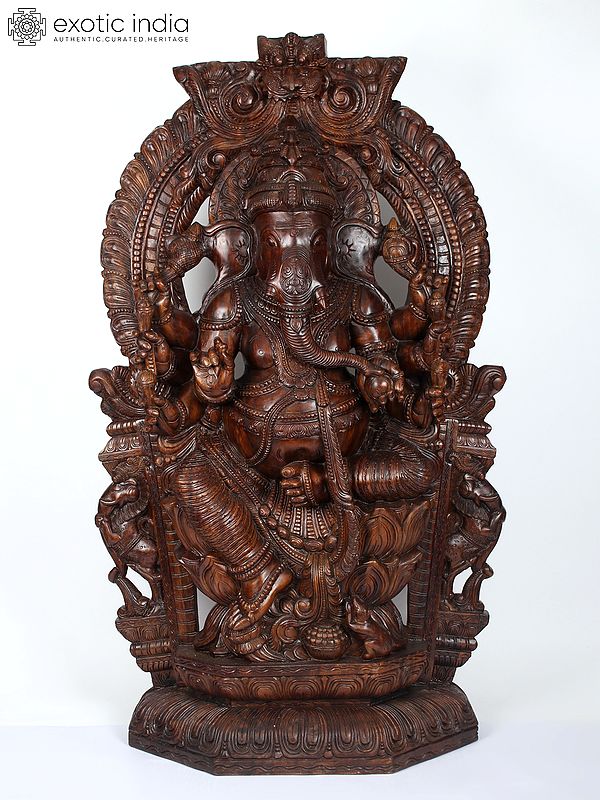 72" Large Ashtabhujadhari Lord Ganapati Seated on Kirtimukha Throne | Wood Carved Statue