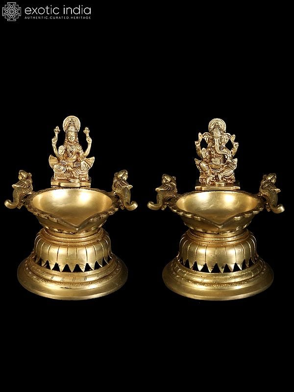 8" Pair of Lakshmi-Ganesha Lamps in Brass