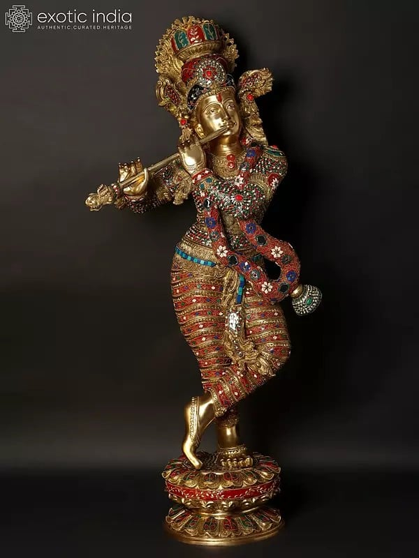 45" Large Superfine Standing Lord Krishna Playing Flute | Brass Statue with Inlay Work