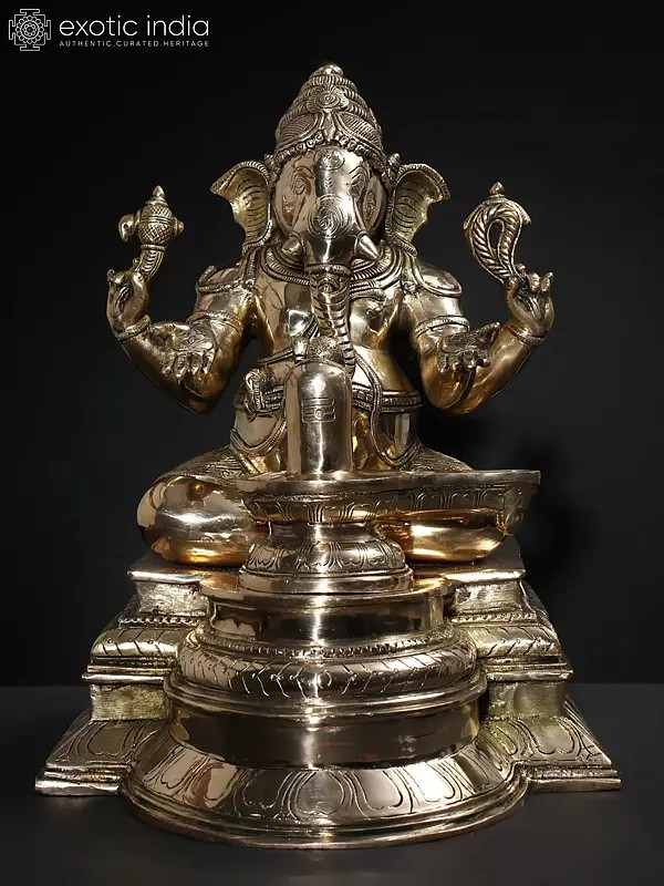 14" Lord Ganesha Worshipping Shivalinga | Brass Statue