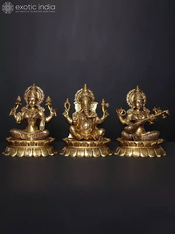 11" Lakshmi Ganesha Saraswati Seated on Lotus | Set of 3 Brass Statues